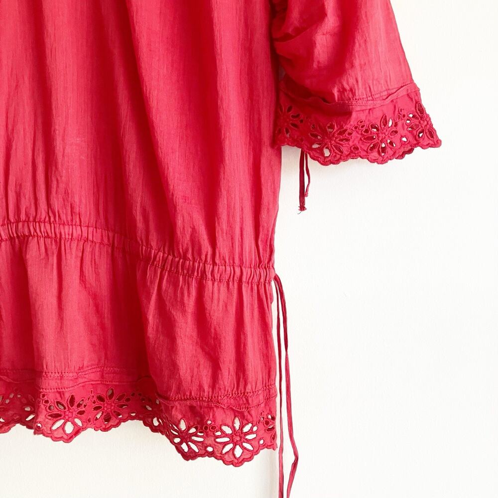 Zara Small Peasant Tunic Top Eyelet Red V Neck Drawstring 3/4 Sleeves Boho - Picture 5 of 5